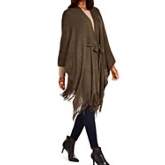 Grey Knit Belt Tie Waist Wrap Poncho Cardigan OSFM - Picture 11 of 12